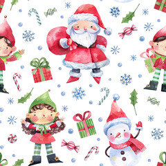 Christmas, New Year's pattern with cute, cartoon characters, gifts and holiday sweets hand-drawn in watercolor. New Year, Christmas, Santa Claus, snowman, elf seamless pattern