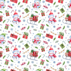 Cartoon Christmas pattern with hand drawn watercolor snowmen, Christmas presents, snowflakes and candy canes. Seamless background for the New Year and Christmas. Childish style festive texture.