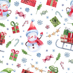 Christmas, New Year pattern with cute, cartoon snowmen, snowflakes, gifts and holiday sweets hand drawn in watercolor. New Year, Christmas festive watercolor background. Texture for wrapping paper.