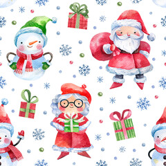 Cute Christmas pattern with hand drawn watercolor Santa Claus, mrs Claus, new year gifts, snowflakes. Seamless background for the New Year and Christmas. Childish style festive texture.