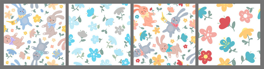 Fototapeta premium Set of seamless patterns of flowers and rabbits. Cute baby illustrations.