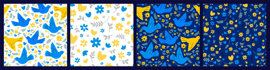 Naklejka na ściany i meble Set of seamless patterns of doves of peace and flowers. Hand-drawn illustrations.