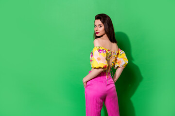 Photo of adorable confident lady wear off shoulders blouse hands pockets looking back empty space...