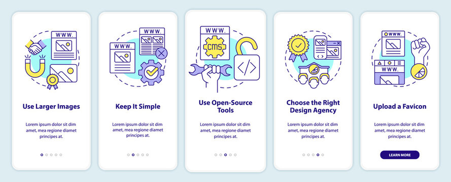 Making professional website onboarding mobile app screen. Simplicity walkthrough 5 steps editable graphic instructions with linear concepts. UI, UX, GUI template. Myriad Pro-Bold, Regular fonts used