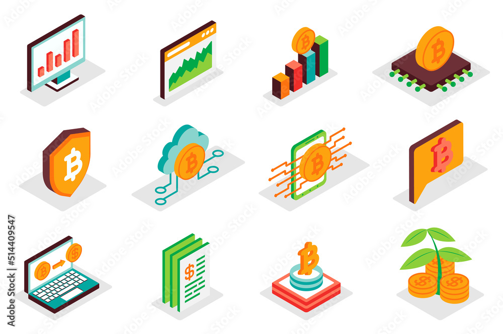 Aufkleber Cryptocurrency concept 3d isometric icons set. Pack isometry elements of bitcoin, blockchain, trends analysis, statistics, money exchange, mining and other. Illustration for modern web design