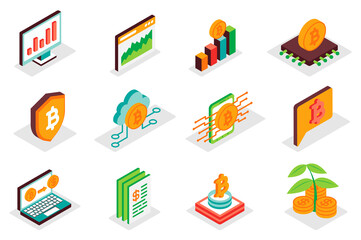 Cryptocurrency concept 3d isometric icons set. Pack isometry elements of bitcoin, blockchain, trends analysis, statistics, money exchange, mining and other. Illustration for modern web design