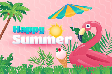 Happy summer background in flat cartoon design. Wallpaper with text and composition of umbrella, flamingo rubber ring, ice cream and frame of leaves. Illustration for poster or banner template