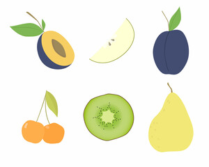 Set of vector images of different fruits. Designer drawing of multi-colored fruits: Plum, cherry, blocko, kiwi, pear