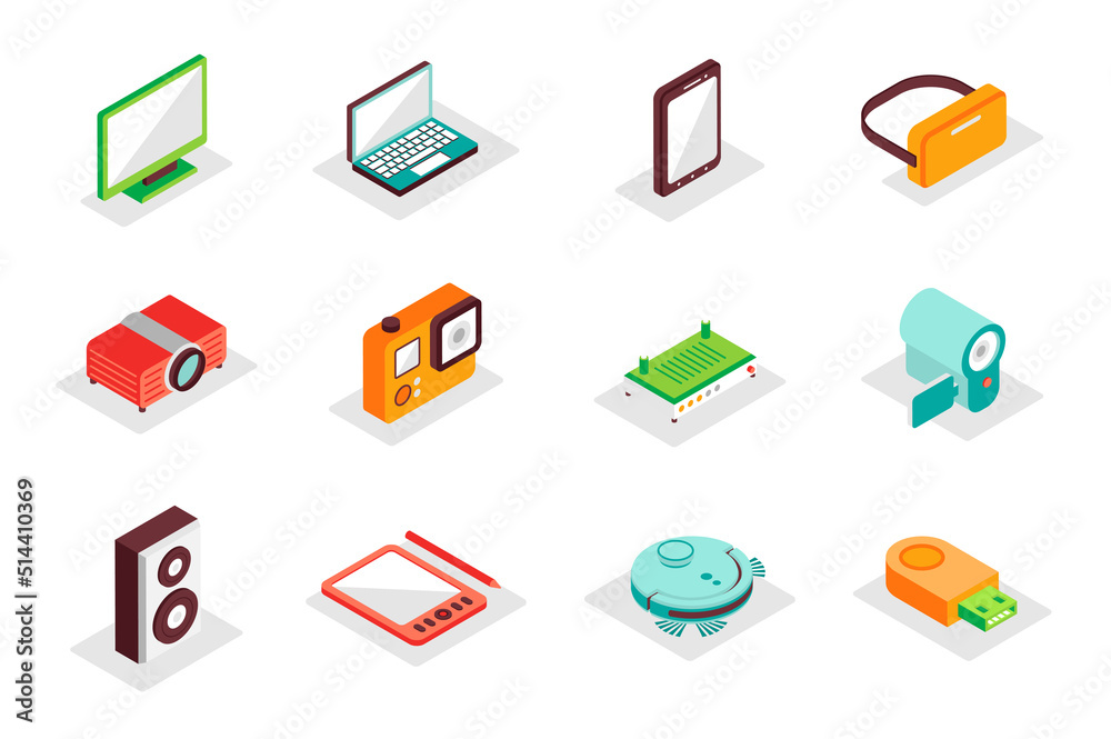 Poster electronics concept 3d isometric icons set. pack isometry elements of computer, laptop, smartphone, 