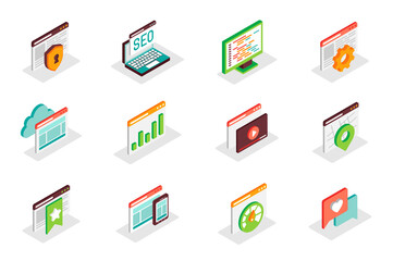 SEO optimization concept 3d isometric icons set. Pack isometry elements of security, keyword, settings, data, content, location, bookmark, speed and other. Illustration for modern web design