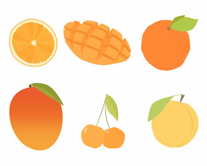 Set of vector images of different fruits. Designer drawing of colorful fruits: mango, cherry, peach, orange