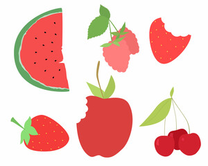 Set of vector images of different fruits. Designer drawing of colorful fruits: apple, strawberry, watermelon, cherry, raspberry