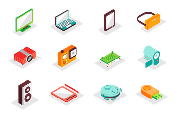 Electronics concept 3d isometric icons set. Pack isometry elements of computer, laptop, smartphone, vr glasses, camera, music speaker, wifi router and other. Illustration for modern web design