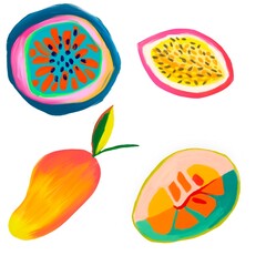 watercoloc Tropical hand drawn fruits in colorful styles and abstract shapes