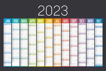 Year 2023 colorful calendar on dark background. Vector template. - obrazy, fototapety, plakaty