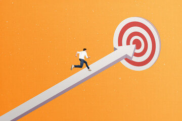 Collage photo of young businessman running forward achieve his goals growing up isolated on arrow...