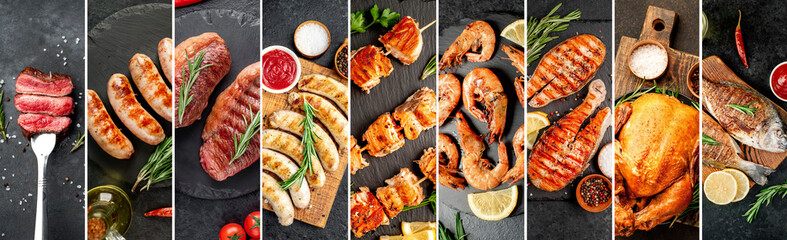 Photo collage Barbecue. Barbecue, steaks, meat, seafood on a stone background