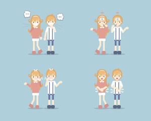 collection set of boy and girl having stomach ache, toothache, coughing sneezing, having a cold, fever flu influenza, health care symptoms concept, flat character design vector illustration cartoon
