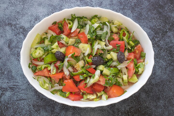 Turkish Shepards Salad with cucumber, tomato, red onion, pepper, parsley (Turkish name; kasik salata)