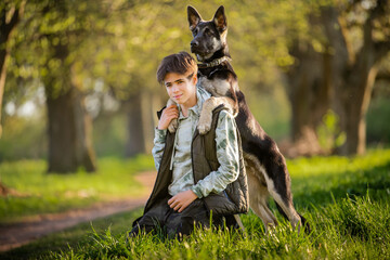 a boy with a dog walk in the park on a sunny spring evening, sit on the grass. Friendship of man and animal, healthy lifestyle.