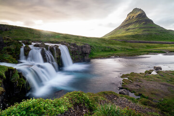 famous Kirkjufell with waterfall during summer - 514412778