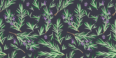 Seamless pattern with rosemary flowers and blossom. Original, hand-drawn background. Ideal for packaging, fabric, baby products, tea, healthcare, etc. Herbs Rosemary, Rosemarinus. Summer herb pattern.