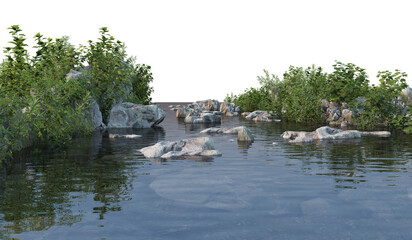A canal with stones on a white background.