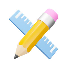 Drawing, Blueprinting 3d icon. Pencil and ruler. Isolated object on a transparent background