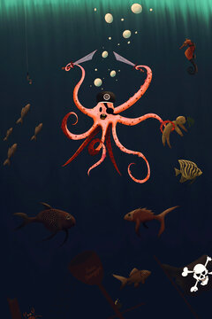 Pirate - Octopus, and fish underwater