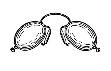 Antique glasses vector icon illustration. Pince-nez Ink sketch. Vintage spectacles. Ink sketch isolated on white background. Old glasses vector sketch. - obrazy, fototapety, plakaty