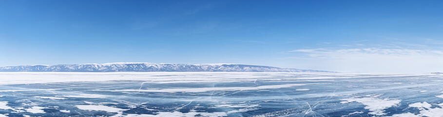Naklejka na ściany i meble Winter landscape panorama with mountains and Lake Baikal in Siberia on sunny day. Natural background.