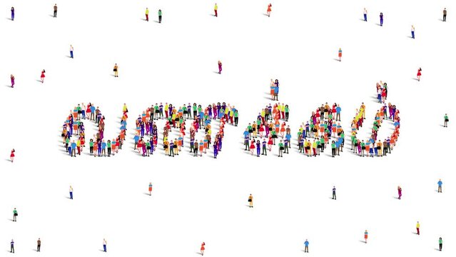 A large group of people form to create the word Vanakkam on a white background. Vanakkam is the word in Tamil that means Hello or Greetings. 4k Animation video