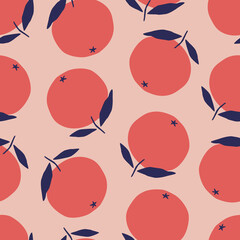 Red oranges with branch and leaf hand drawn vector illustration. Juicy fruit seamless pattern for fabric or wallpaper.	