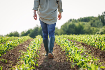 Farmer with rubber boots is walking in dry corn field. Agricultural activity in cultivated land at...