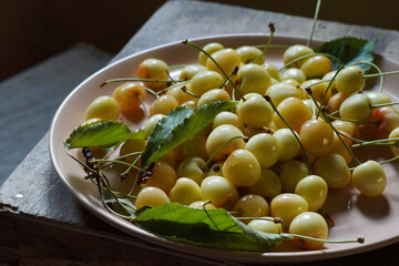 Yellow-pink cherry berries with stalks on a plate.