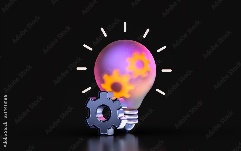Wall mural glass morphism gear lightbulb icon with colorful gradient light on dark background 3d render concept