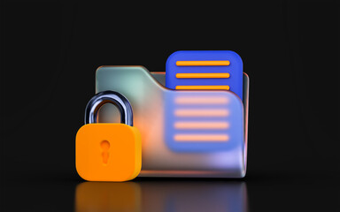 glass morphism lock folder icon with colorful gradient light on dark background 3d render concept