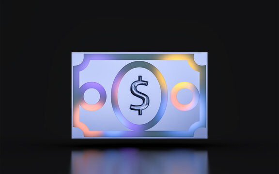 glass morphism dollar note icon with colorful gradient light on dark background 3d render concept