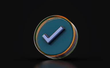 check mark badge sign with glass morphism effect on dark background 3d render concept for correct