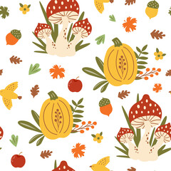 Mushroom pattern. Fall forest mushroom seamless pattern. Autumn forest wallpaper, fall nature pumpkin, fungus, bird, autumn leaves, berry. Hand drawn fall forest vector illustration, background, print