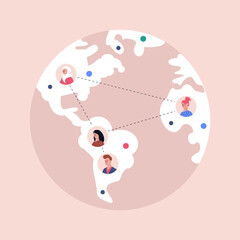 Planet Earth with character icons. Illustration of people sharing data, links, photos, posts and news in social networks. Colorful flat vector illustration