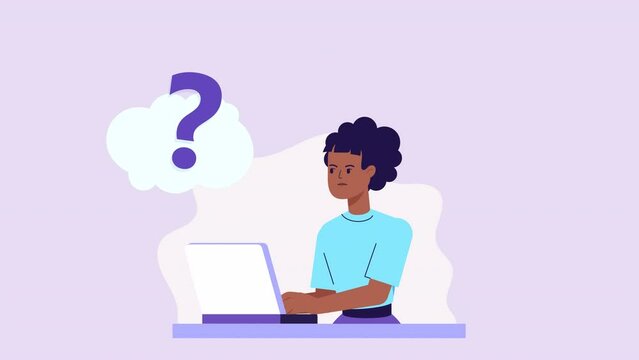 Concept of a great idea. woman working at laptop, thinking and looking for answer. Solution of the problem. Character animation. question mark, light bulb pops up above head, Eureka