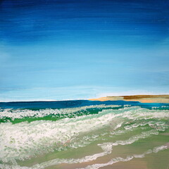 Obraz premium Drawing of bright blue sky over the sea, ocean. Picture contains interesting idea, evokes emotions, aesthetic pleasure. Canvas stretched on stretcher, oil natural paints. Concept art painting texture