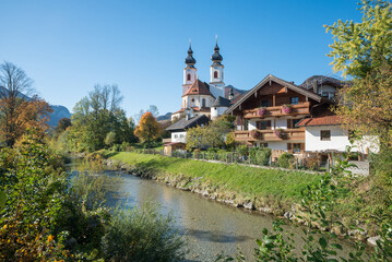 Fototapeta na wymiar beautiful caholic parish church, baroque style, Aschau im Chiemgau, prien river bavaria