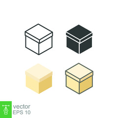 Box icon. Simple outline, solid, flat style. Package, delivery, parcel, shipping, cardboard, storage, carton, closed, pictogram, pack concept. Vector illustration isolated on white background. EPS 10