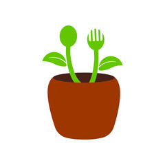 Fork and spoon growing from ceramic pot. Organic food concept. 