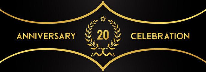 20 years anniversary celebration with gold laurel wreath and star on luxury black background. Premium design for banner, poster, weddings, happy birthday, greetings card, graduation, invitation card.