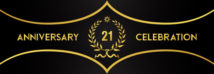 21 years anniversary celebration with gold laurel wreath and star on luxury black background. Premium design for banner, poster, weddings, happy birthday, greetings card, graduation, invitation card.