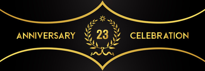 23 years anniversary celebration with gold laurel wreath and star on luxury black background. Premium design for banner, poster, weddings, happy birthday, greetings card, graduation, invitation card.