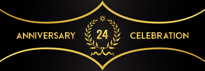 24 years anniversary celebration with gold laurel wreath and star on luxury black background. Premium design for banner, poster, weddings, happy birthday, greetings card, graduation, invitation card.